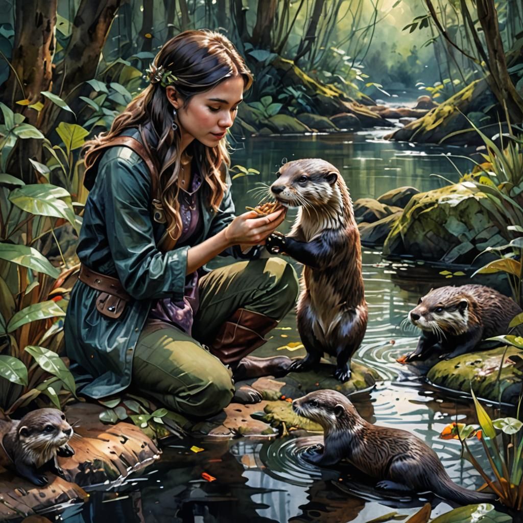 Stunning watercolor sketch of a cute small otter feed by a b...