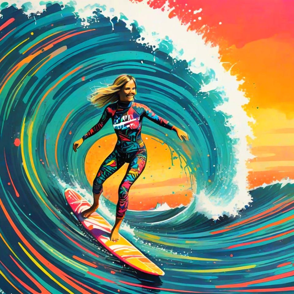 Vibrant color ink painting of a surfer girl in expressive wetsuit surfing on the waves of the ocean