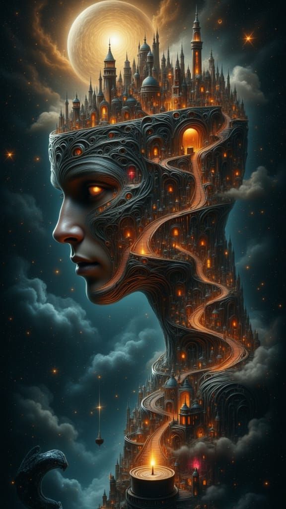 <lora:SDXL-WETA-flux:1.0> <lora:GPT-core:1.0> <lora:Dublex-Flux:1.0> A mesmerizing digital artwork featuring a master thief’s layered identi...