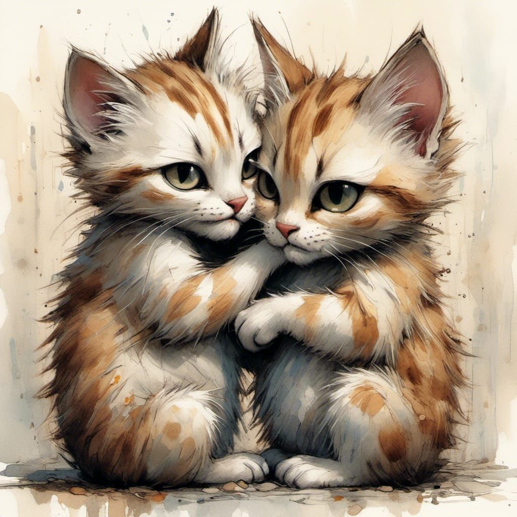 Sad Kittens Hugging Goodbye: Whimsical Painterly Art