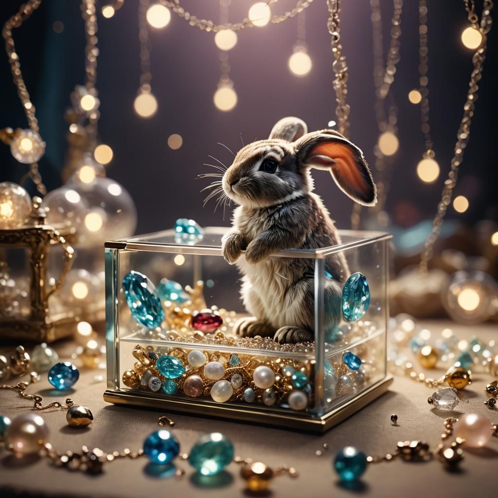 Miniature Bunny in Jeweled Glass Box