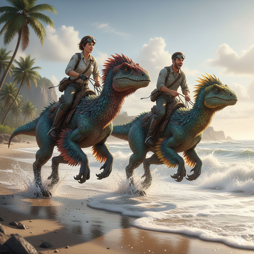 Scientists racing with their pet dinos.