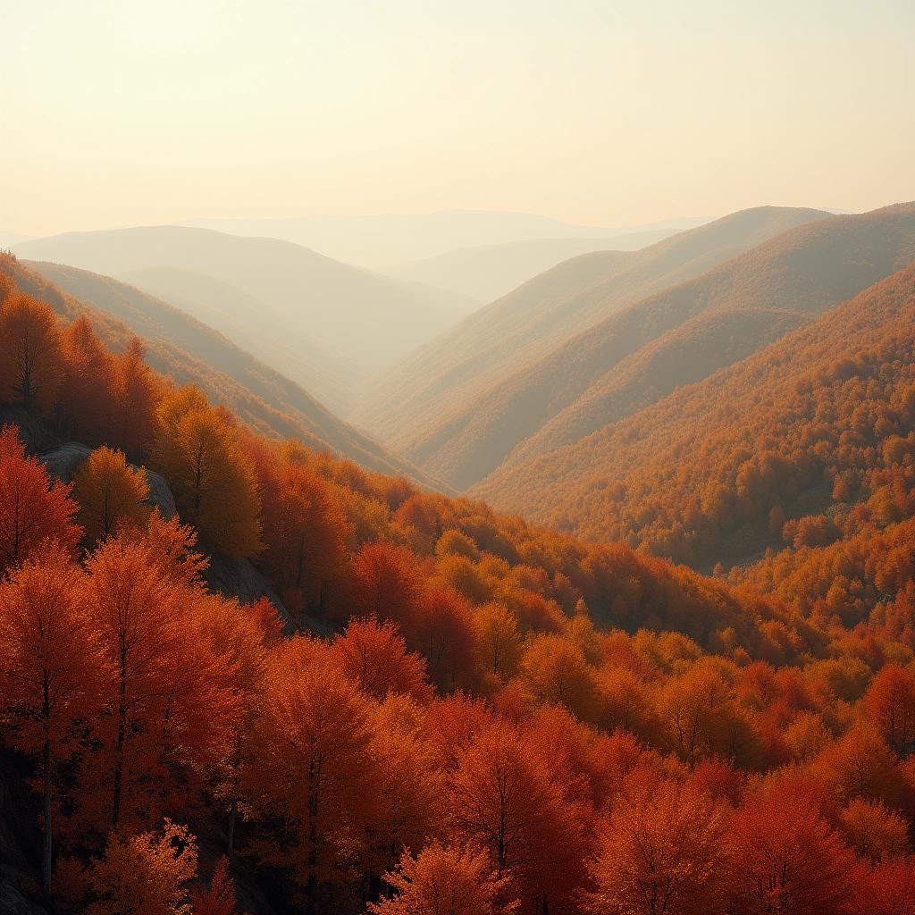 Aerial views over a hilly forested landscape, autumn, photorealistic, beautiful 