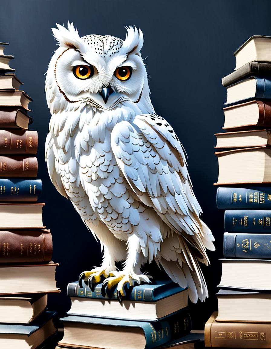 a white owl sitting on a stack of books, books in the backgr...