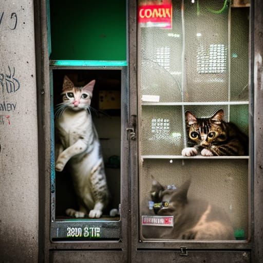 vending machine selling cats in a dirty back alley . green h...