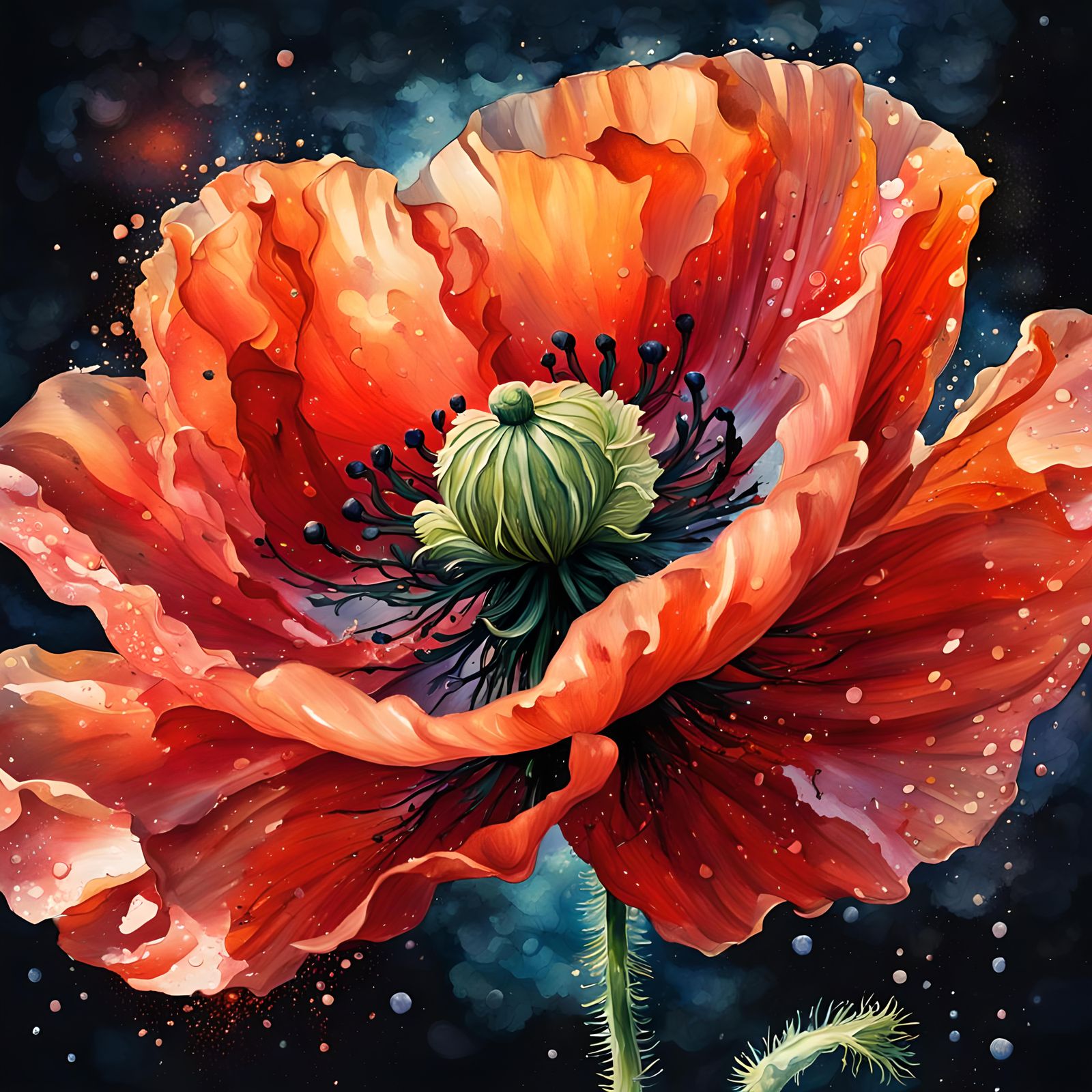 A water colour of a poppy glittering in the moon ligh, flowing petals, beautiful brush strokes. in the ...  by @Irene