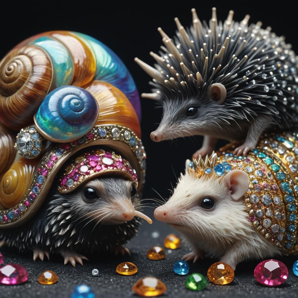 realistic cute image of a noble snail and a cute noble hedge...