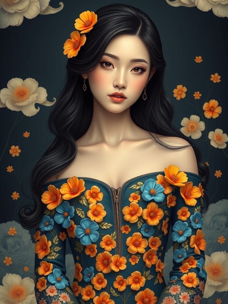 Elegant, young woman with long, dark hair, adorned with delicate flower accents.  Soft, dreamy gaze, ...  by @kirra-anne-ramirez