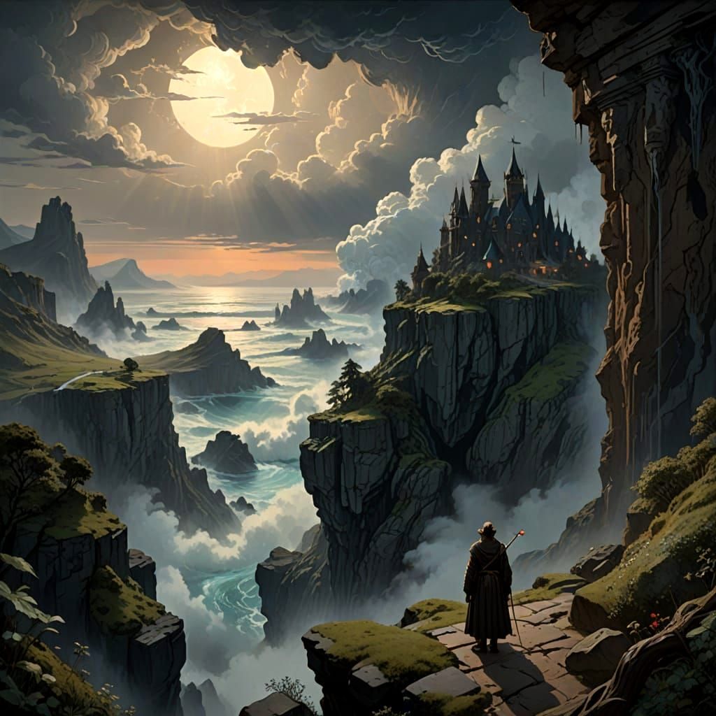 A lone figure stands on the edge of a dizzyingly high cliff, gazing down at a swirling vortex of clouds and mist below. The cliff face is ja...