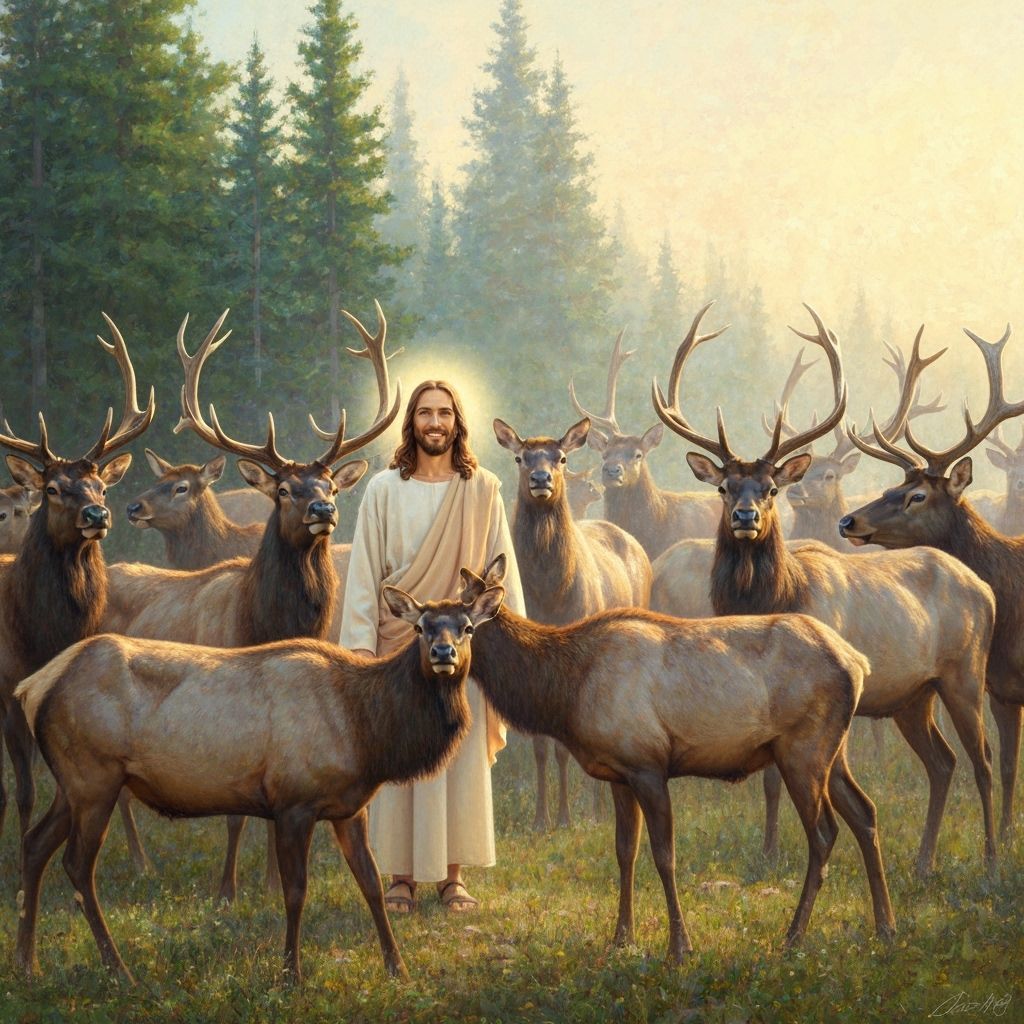 Jesus among a herd of elk, but Jesus can still be clearly seen, wearing his traditional robes, and smiling. The herd is of different ages an...