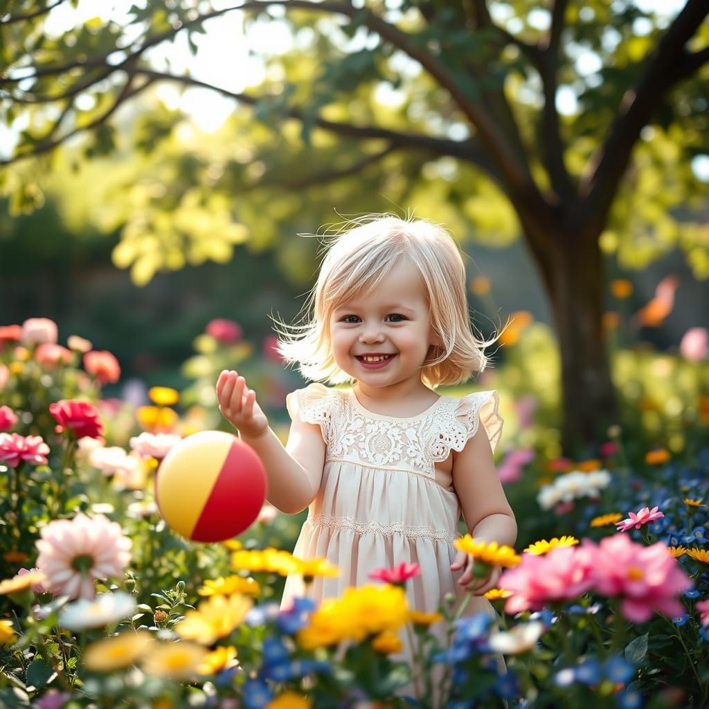 Rosy-cheeked Girl Playing in a Sunny Flower Garden