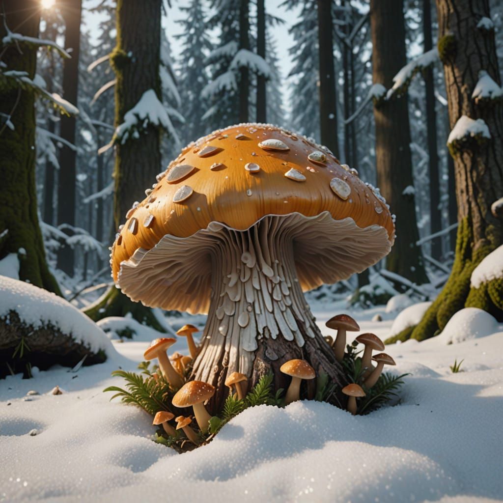 Lonely Chanterelle Mushroom in Snowy Forest