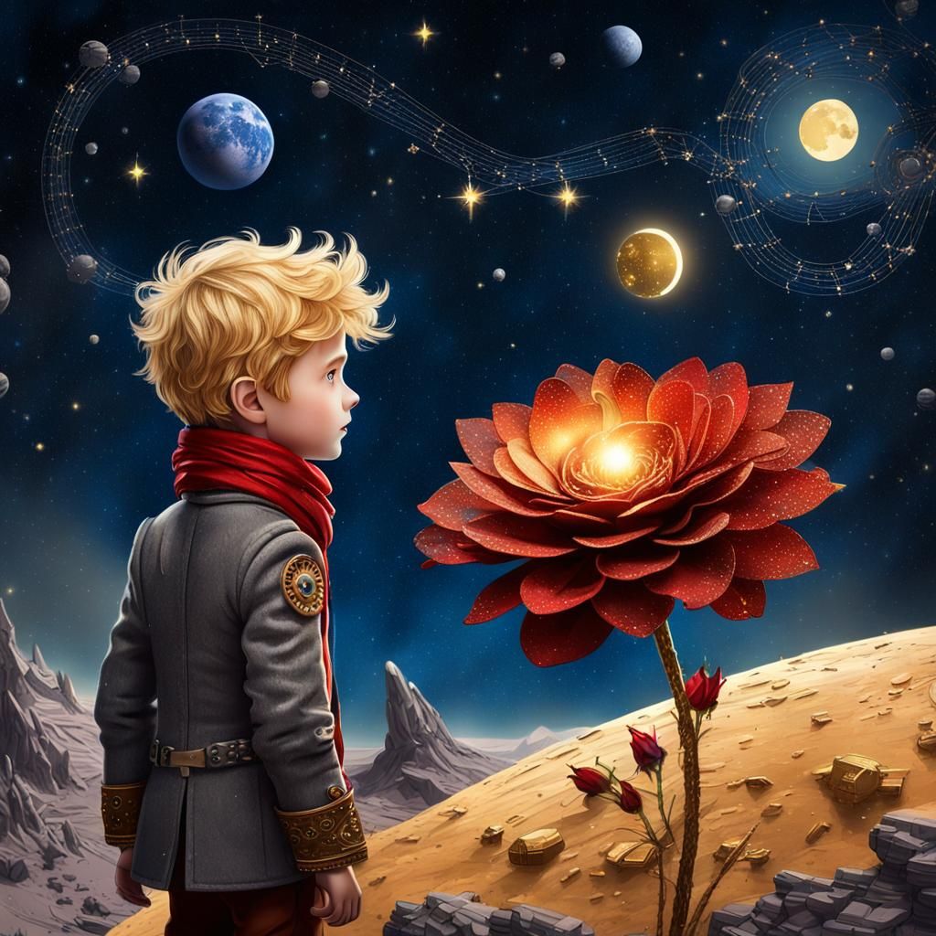 The Little Prince and his red rose on asteroid B-612