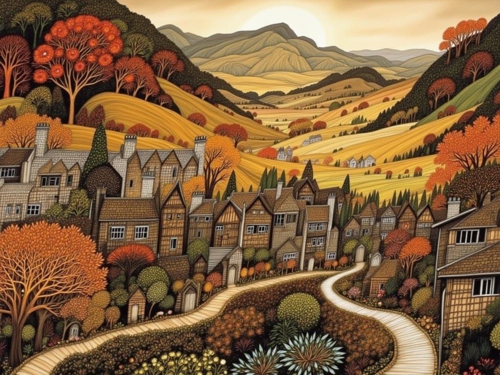 medieval Scottish village, by Arthur Rackham, Carne Griffiths and Caspar David Friedrich, highly detailed, deep color, entangled, mysterious...