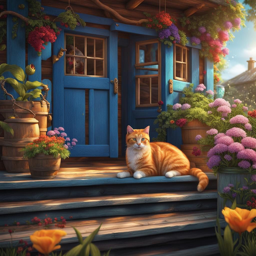 ginger cat on the porch of a quaint wooden beach cottage wit...