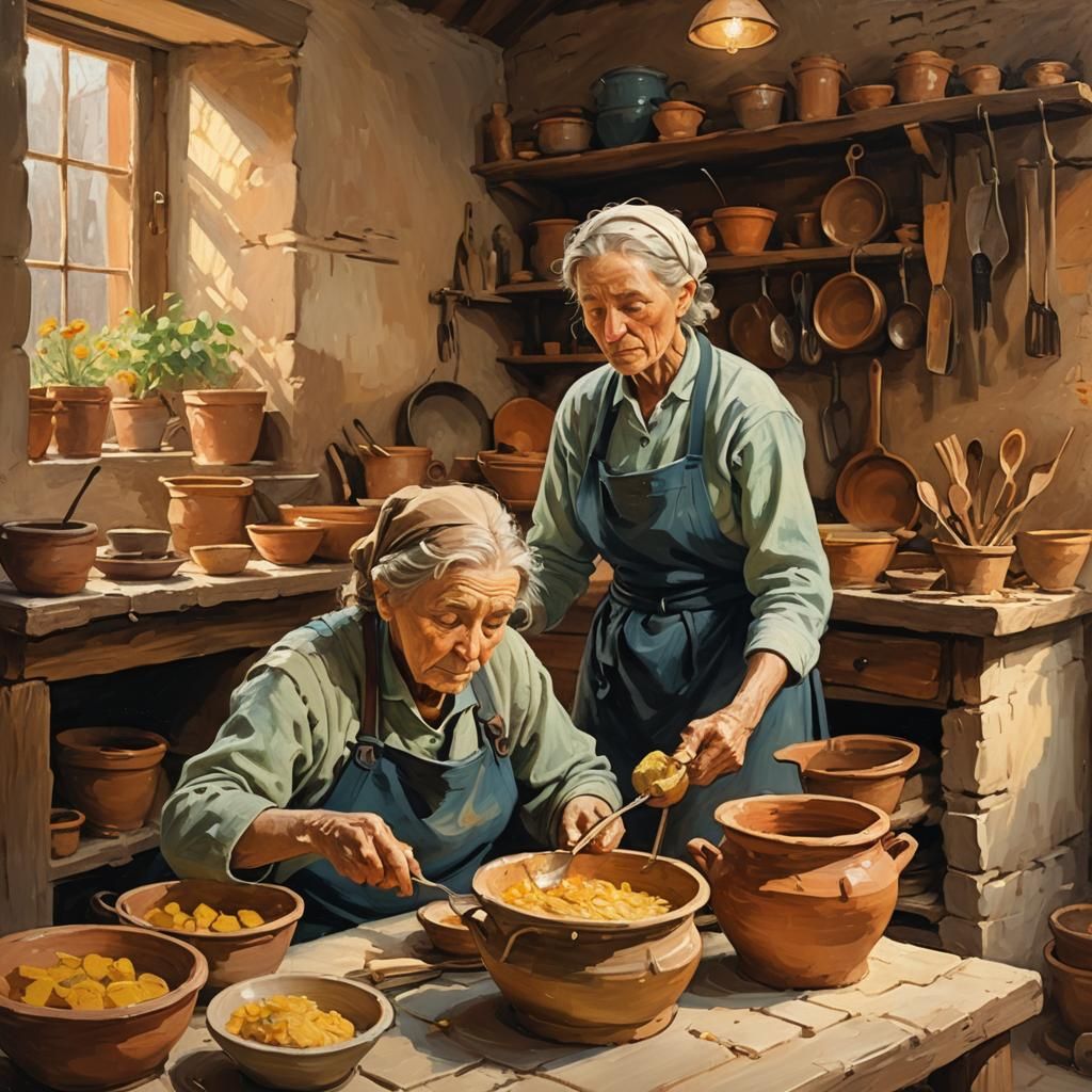 Impressionist Painting of Woman in Ancient Kitchen