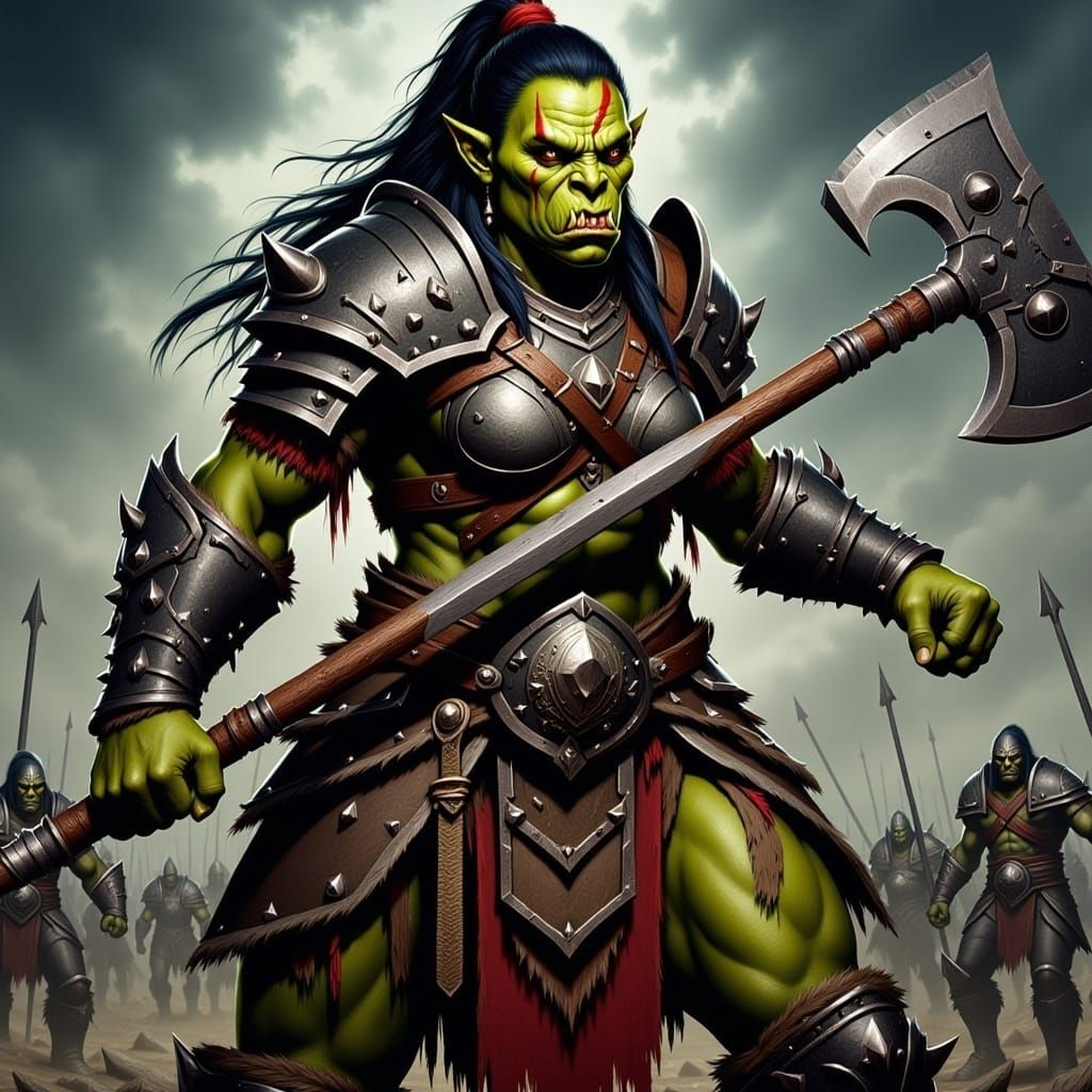 A (female:1.5) orc warrior with beautiful face fighting on the battlefield <lora:Flux orcs:1.0> 