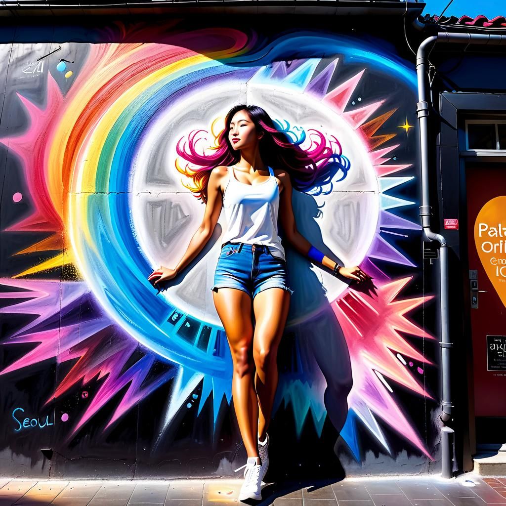 Colorful Chalk Art of Girl on Seoul Wall
