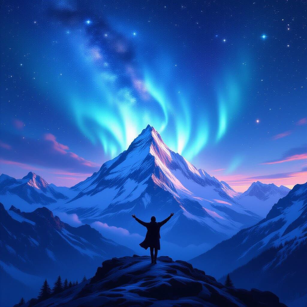 Figure Ascends Snowy Peak Under Starry Aurora Sky