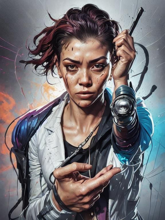 <lora:EGO v1:1.0> ((Medium shot of a (((female sci-fi protagonist))) in a cyberpunk city on a rainy evening.)) Cinematic film still, shot on...