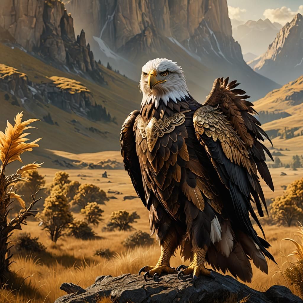 High fantasy giant nature eagle druid portrait, scenic plains background, high detail, high quality, correct anatomy, Epic cinematic brillia...