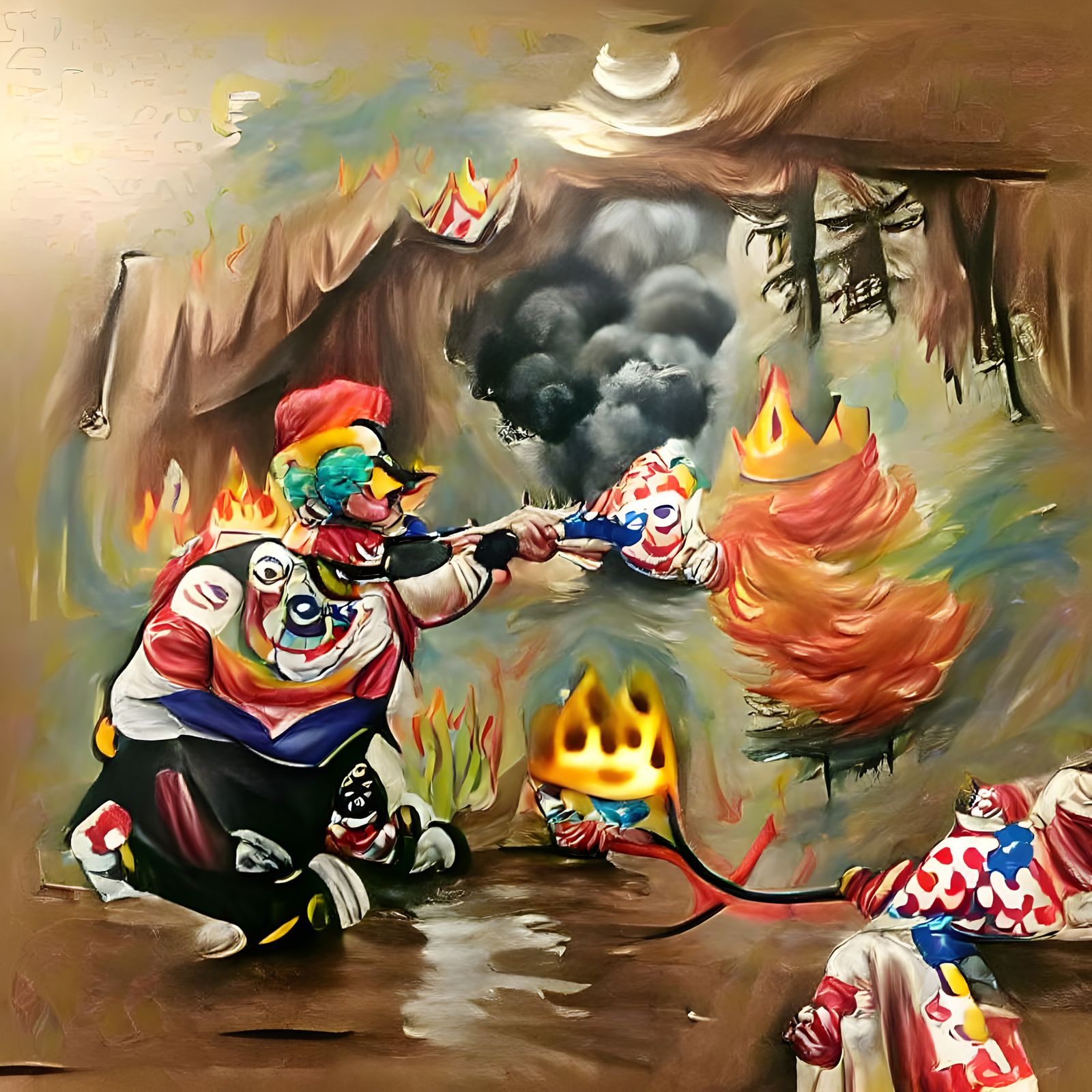 A detailed painting of a Clown king self sabotage putting ou...