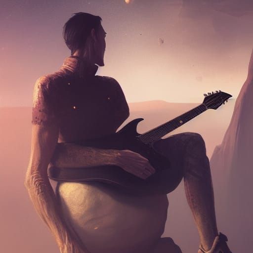 tall man playing guitar sitting on a rock in space