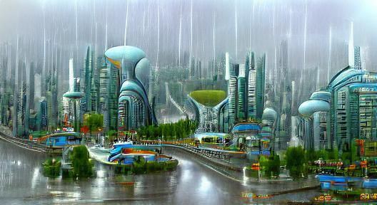 A landscape of a beautiful futuristic seledine city on a rainy day