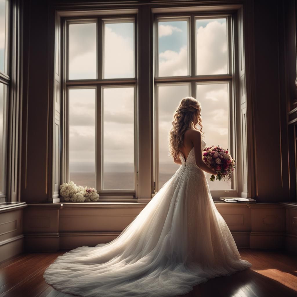 Bride wedding bouquet big flowing dress dramatic makeup flow...