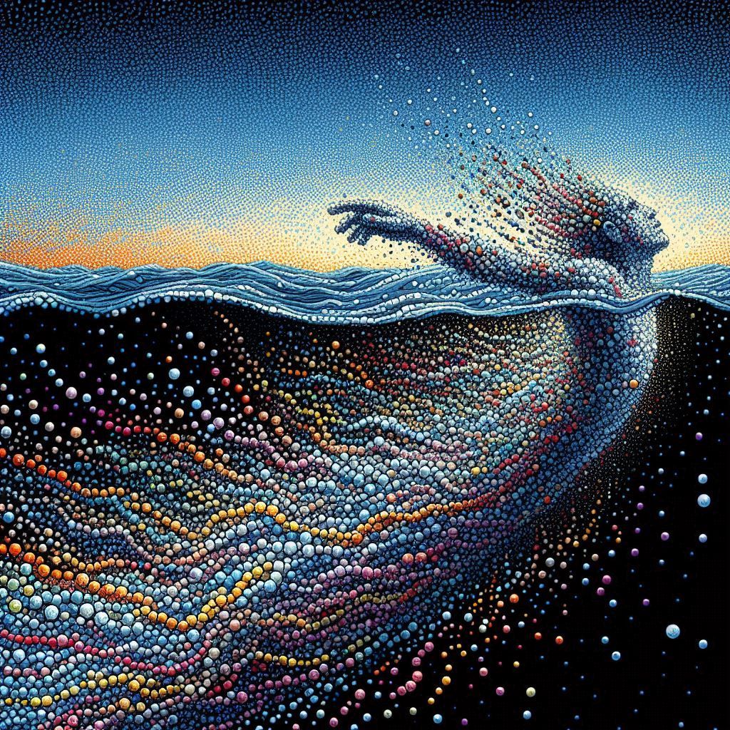 Pointillism dispersing rainbow water humanoid in black water...