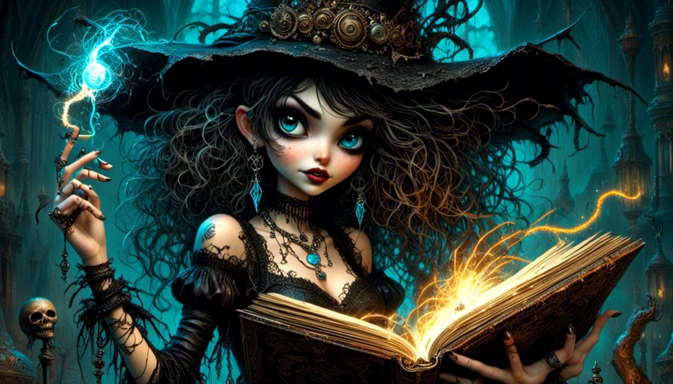 Punk Witch with Spellbook in Pop Art Style