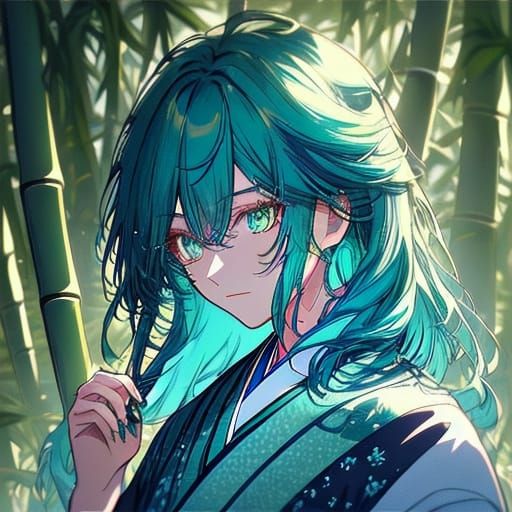 Anime Girl with Blue Hair in Bamboo Forest