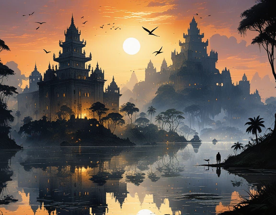 the mysterious ruined city is reflected in the lake, in the jungle in the gentle sunset with tropical ...  by @Tina auf der Blumenwiese