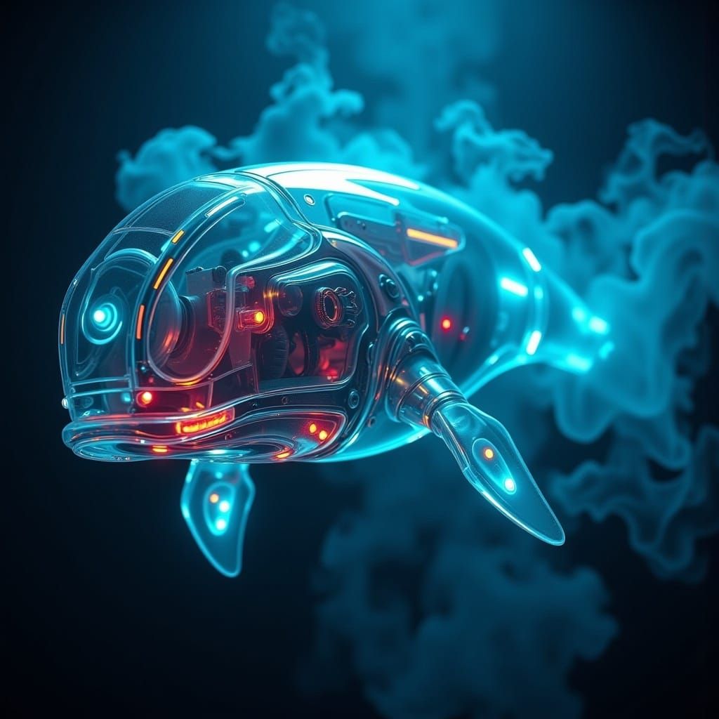 <lora:Cybernetix:1.0> dynamically close up, high-resolution photograph of a translucent softly glowing mechanical "Whale underwater" back li...