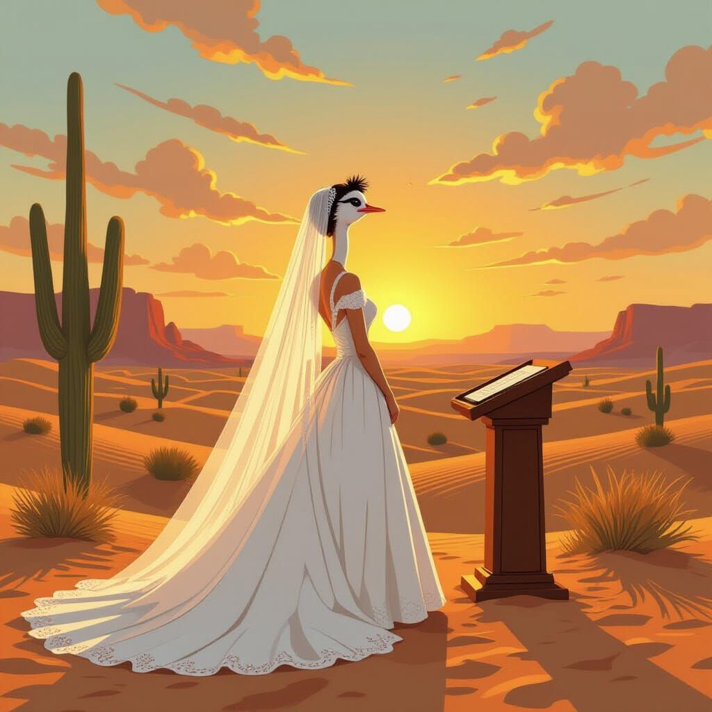 Ostrich Bride in Desert Wedding at Golden Hour