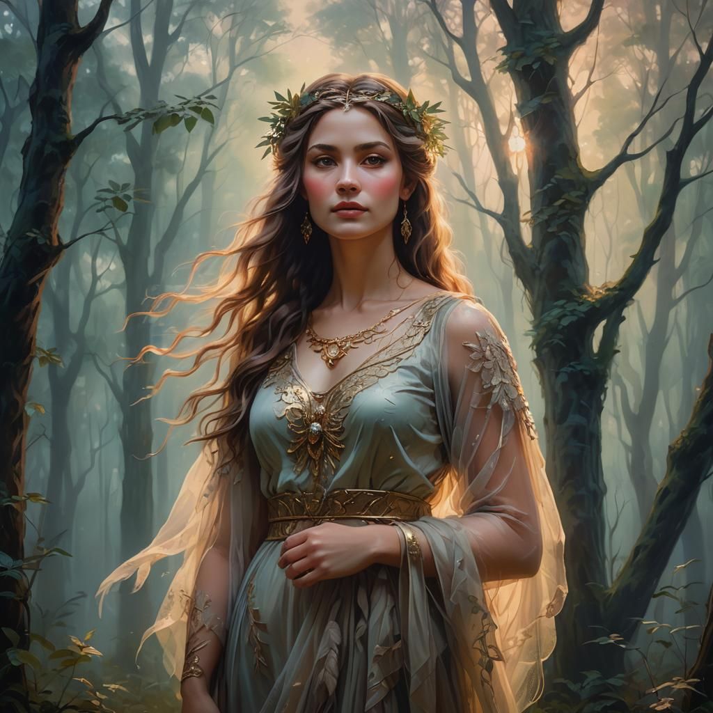 Goddess Portrait in Dreamlike Forest: Oil Painting