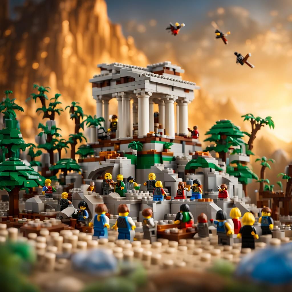 Lego Scene Mount Olympus with many lego creatures at dawn