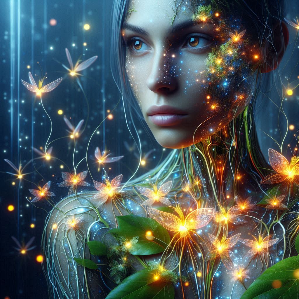 woman is a landscape of interconnected ecosystems, with miniature glowing fireflies inhabiting her form and luminescent ...