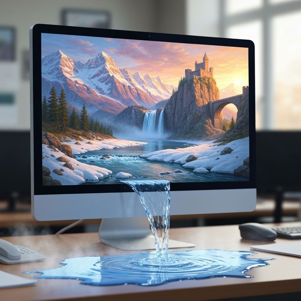 Digital River Flows From Computer Screen Sunrise