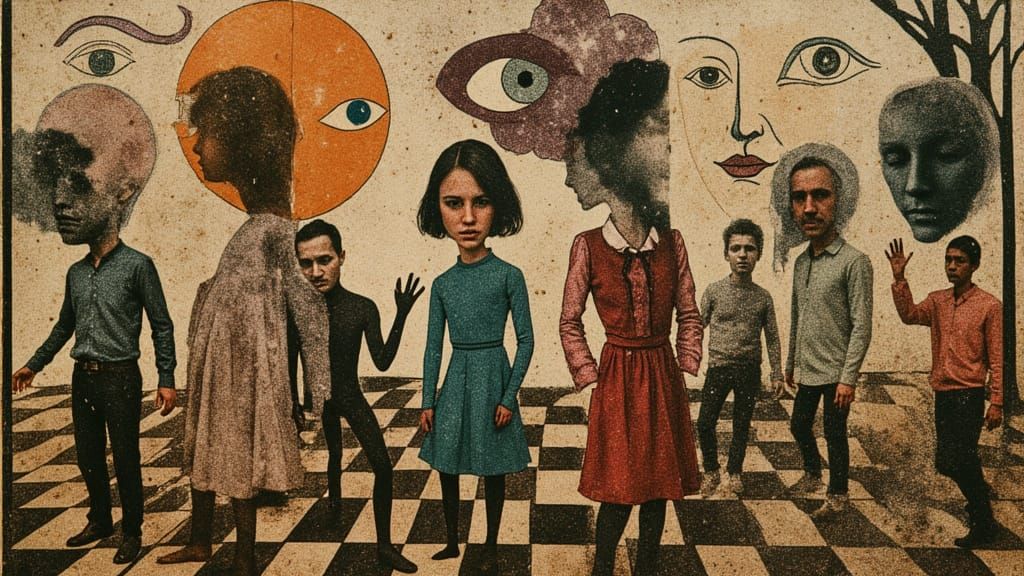 <lora:Mythprint:1.0>  mixed media surreal Elongated abstract absurd creatures in naive folk art attire dancing a conga line, adorned with vi...