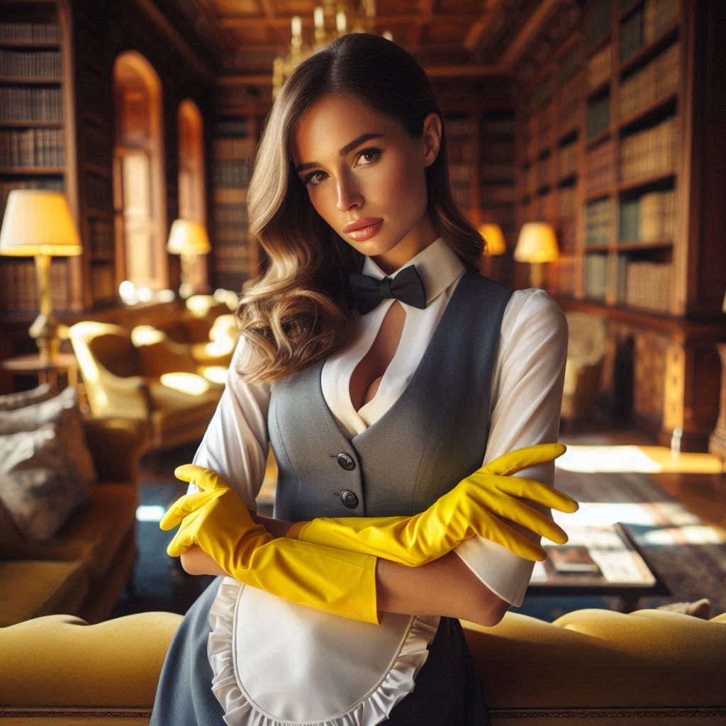 A female spanish butler in the library of a posh german mans...