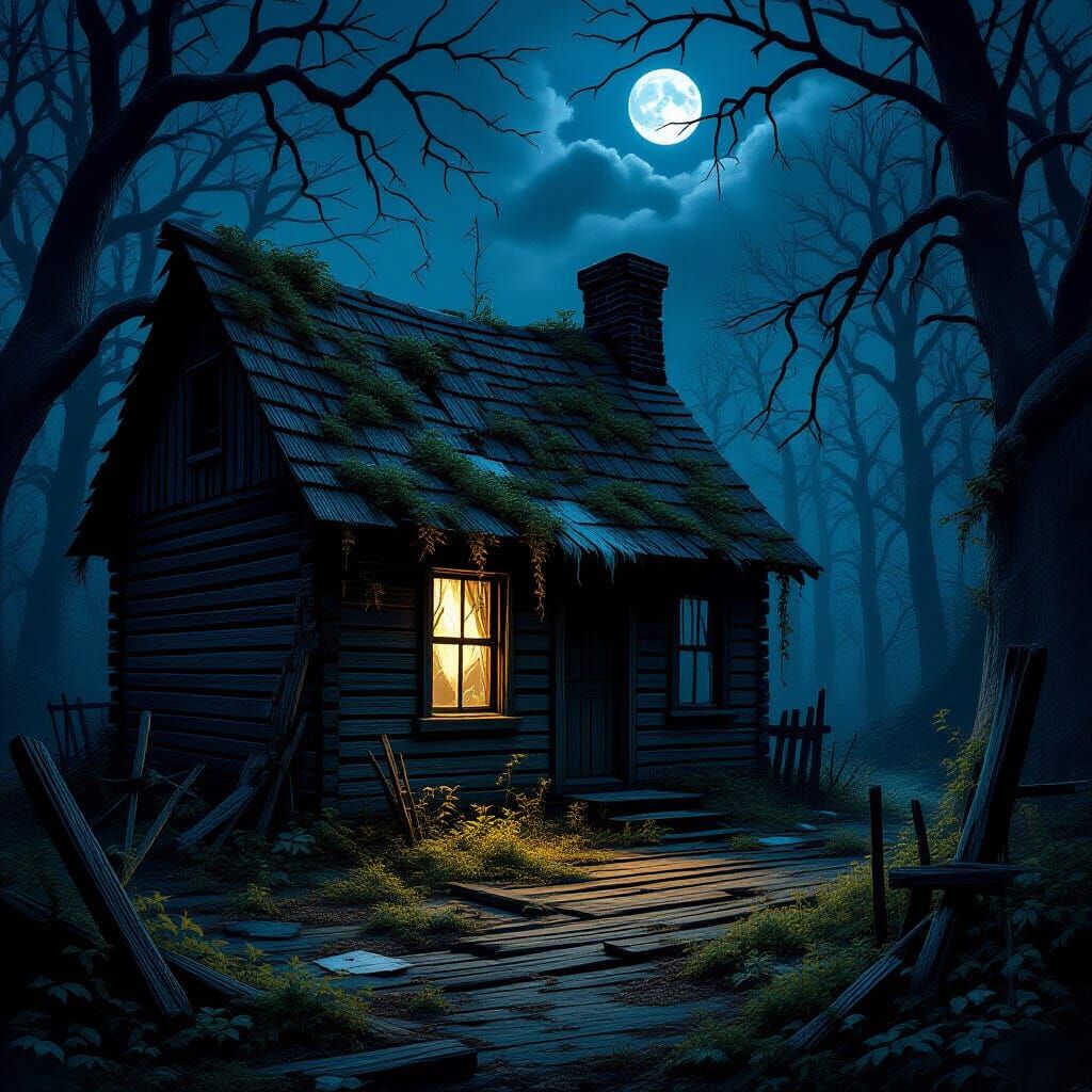 Abandoned Cabin in Dark Forest Under Moonless Sky
