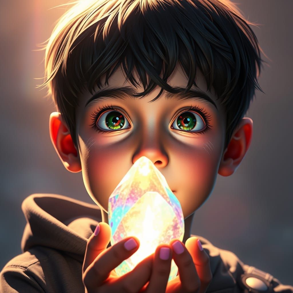 Boy Gazes at Rainbow Light in Matte Painting Style