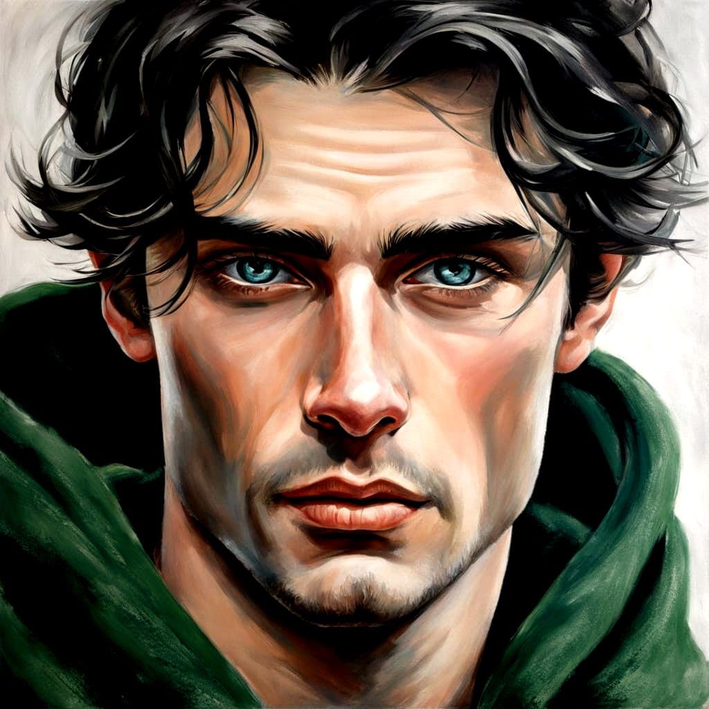 Gentleman in Semi-Realistic Art Wearing Green and White Bret...