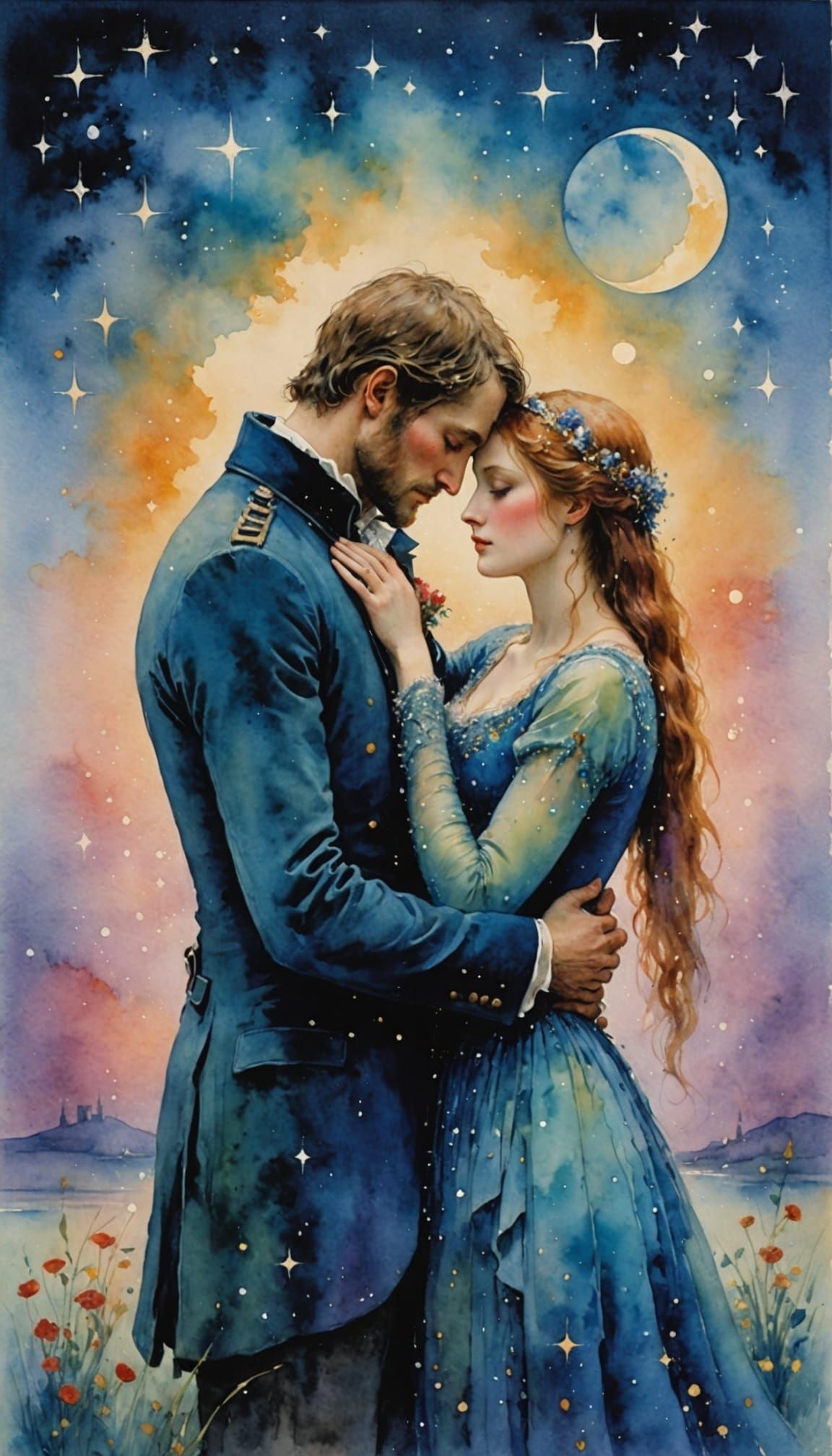 Watercolor painting of a embrace under a twilight sky,   by @Chuma Sam