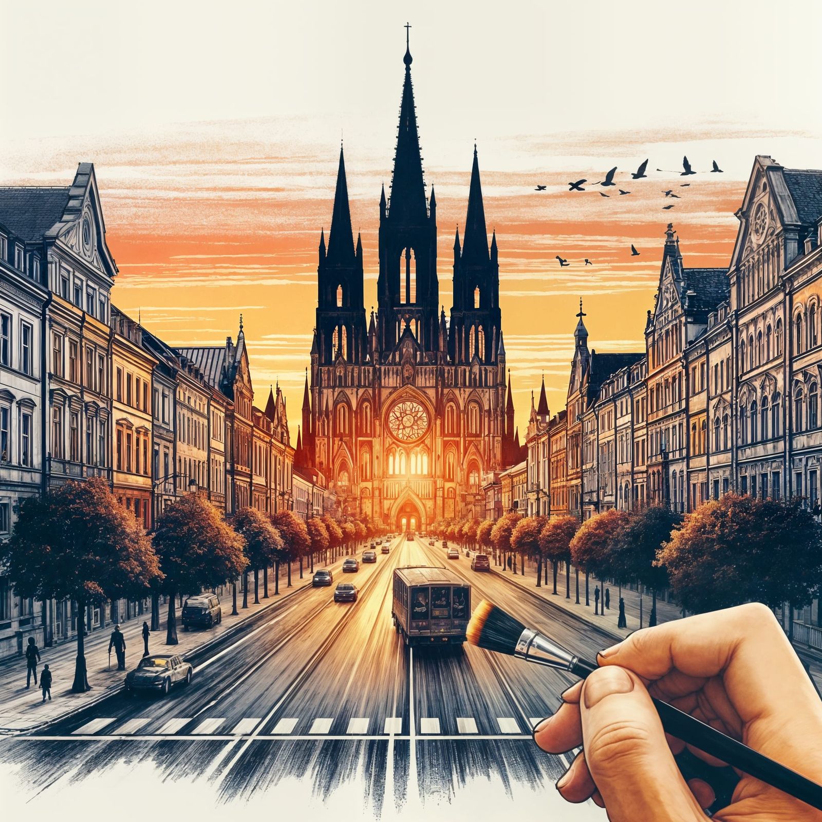 historic european city at dusk. In the center - an illuminat...