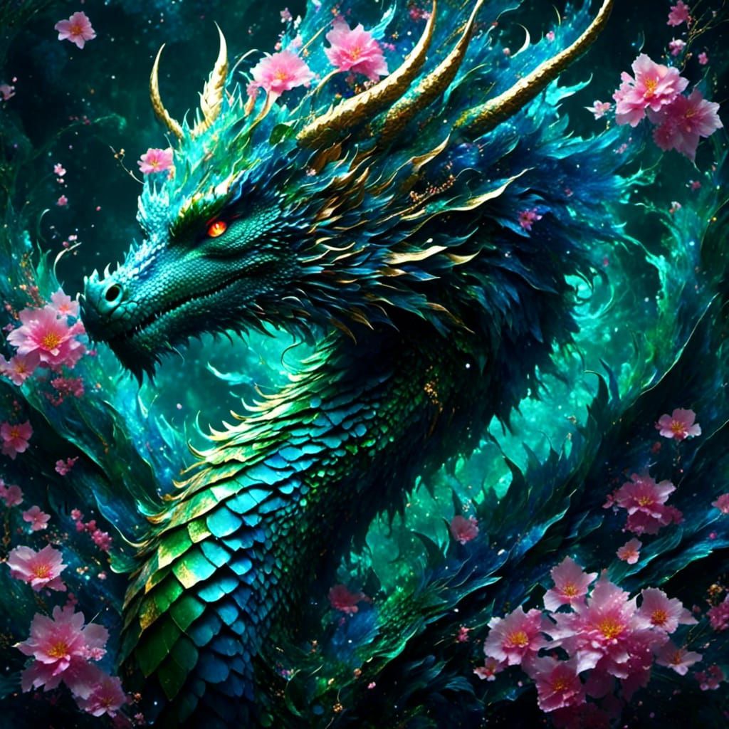 (adorably beautiful cute legible dragon:1.3), beautiful magical green/blue ocean at night, beautiful glowing pink and gold flowers, biolumin...