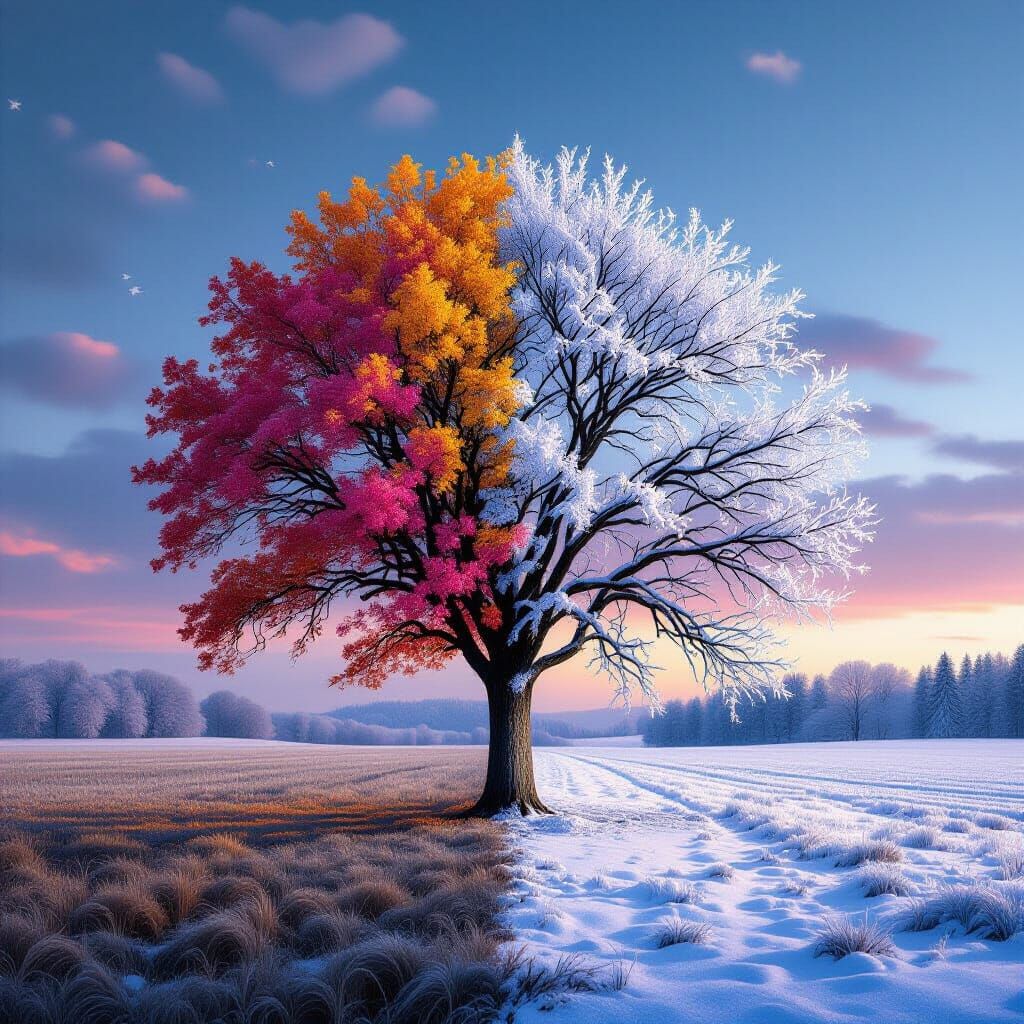 create an image of a single tree, half of it in full bloom with vibrant spring colors, the other half ...  by @NOSHF