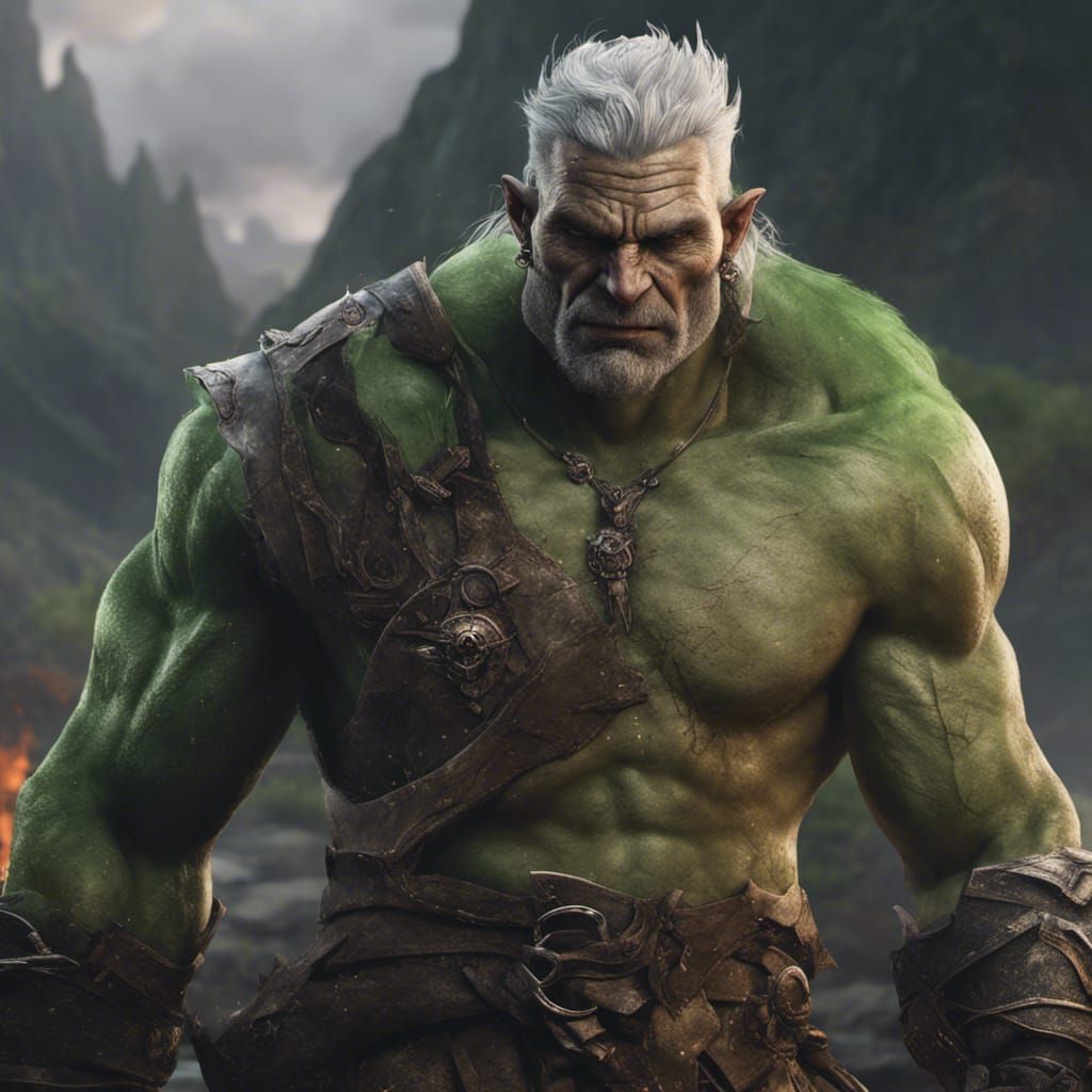 half orc man, gray hair, green skin, middle age, hot - AI Generated ...