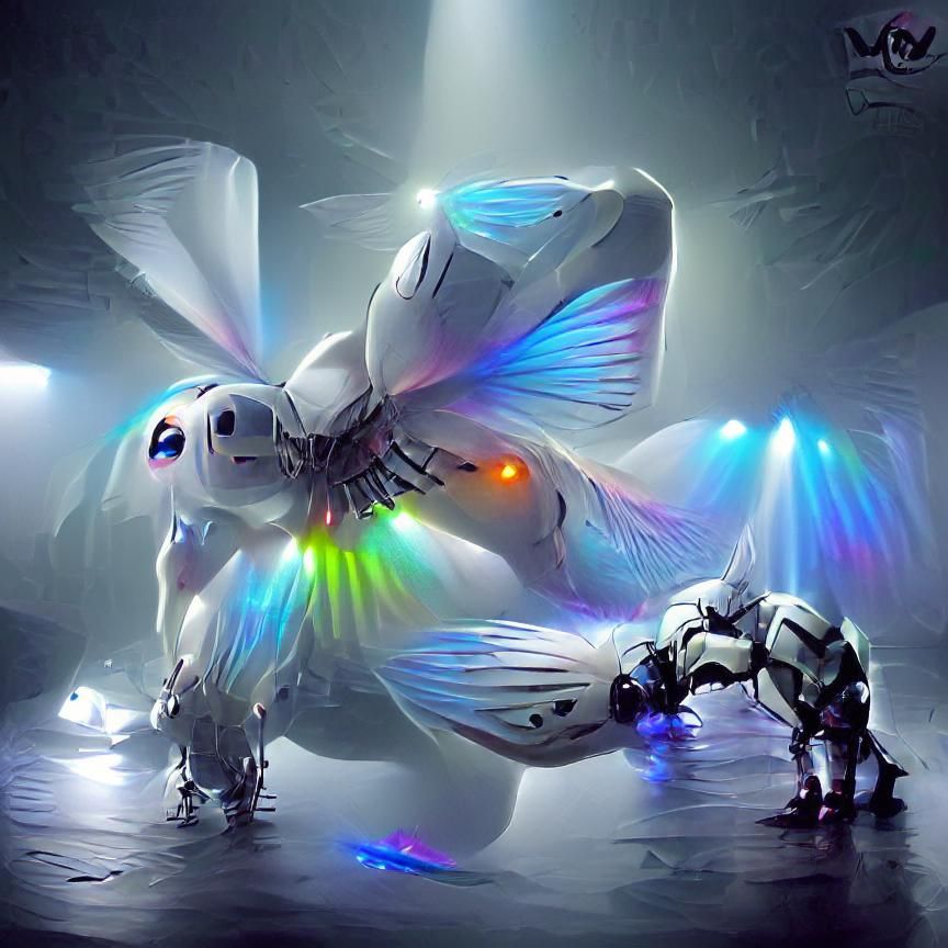 A robotic creature with white wings protects the digital uni...